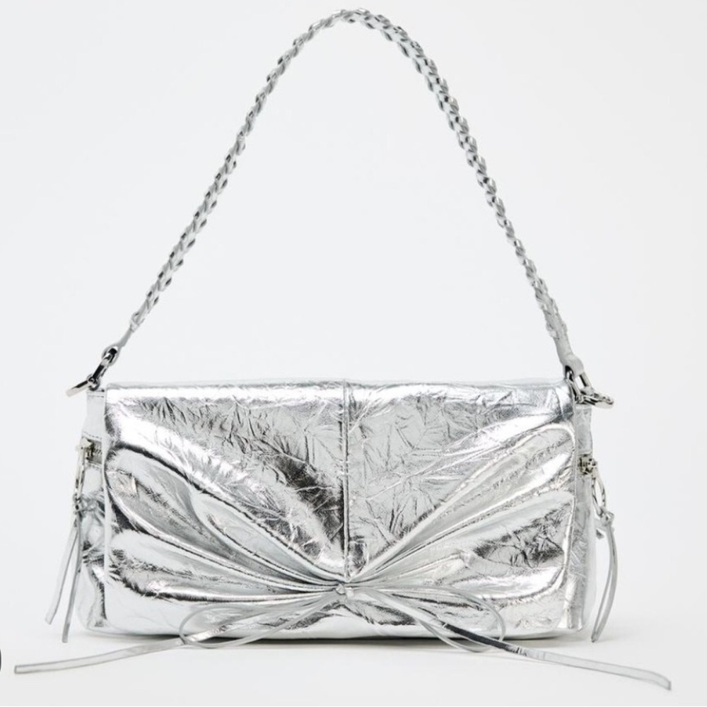Zara Silver Metallic Gathered Shoulder bag